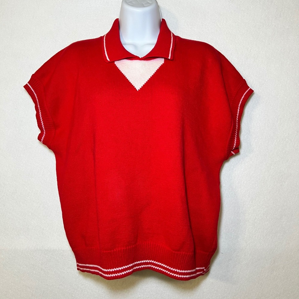 80s Vintage Mademoiselle Knitwear Retro Red Sweater Vest Polo Collar USA Women L
